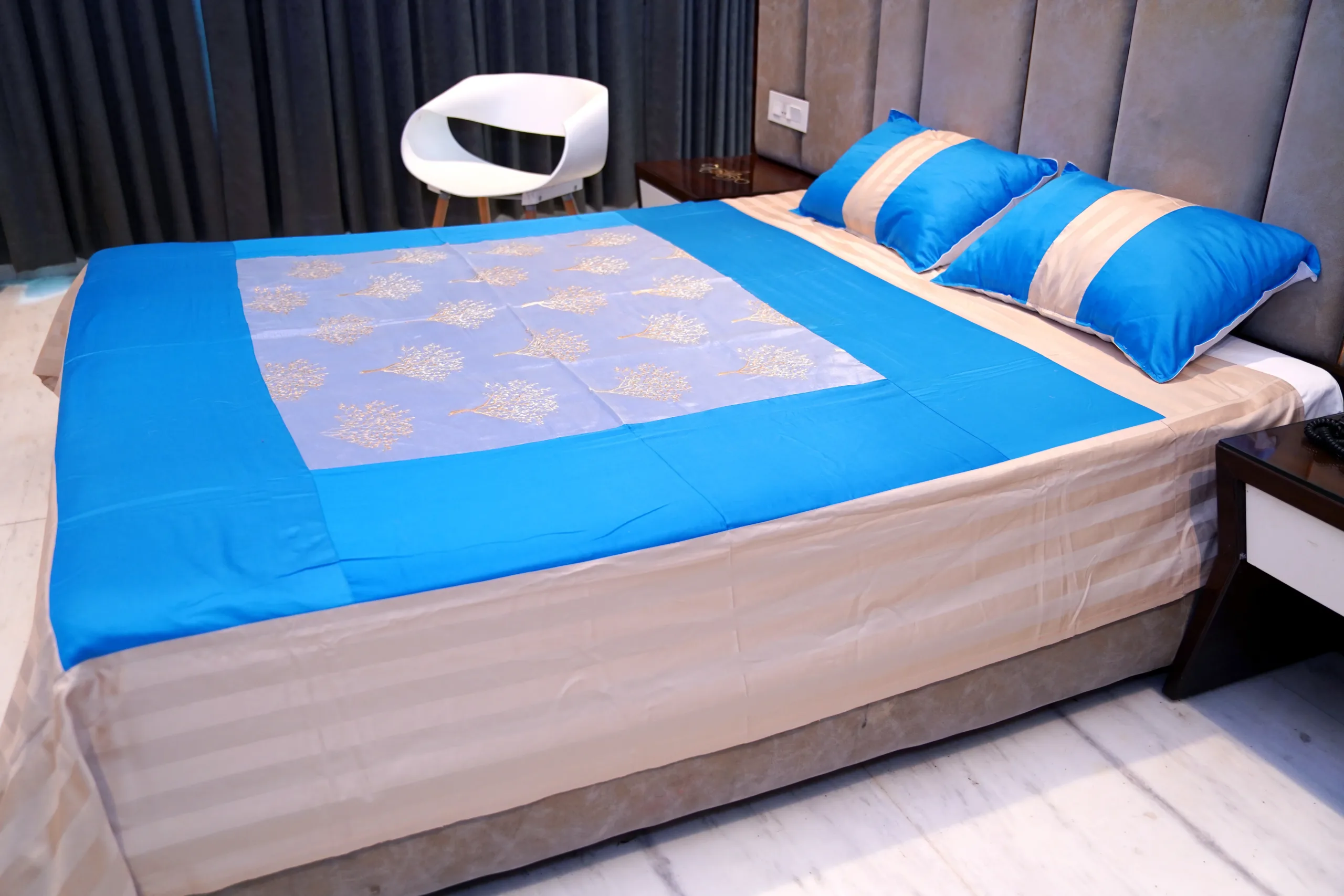 Net Embroidered Bedsheet Navy Blue