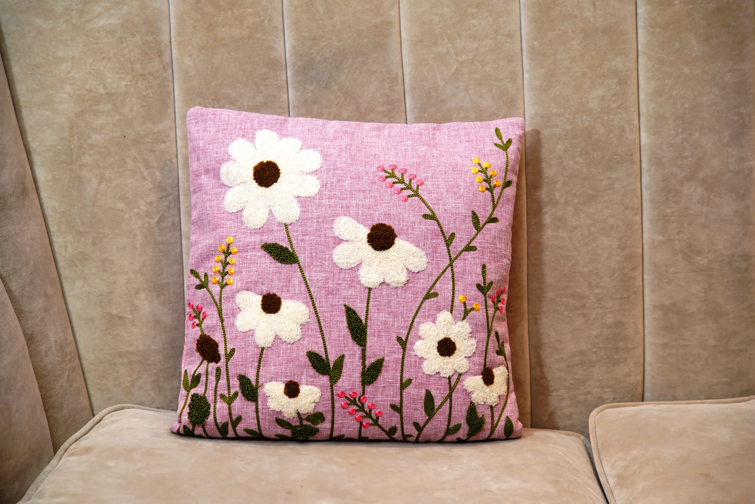 Pink Velvet - Flower Embroidered Cushion Cover (1) Pink Velvet - Flower Embroidered Cushion Cover