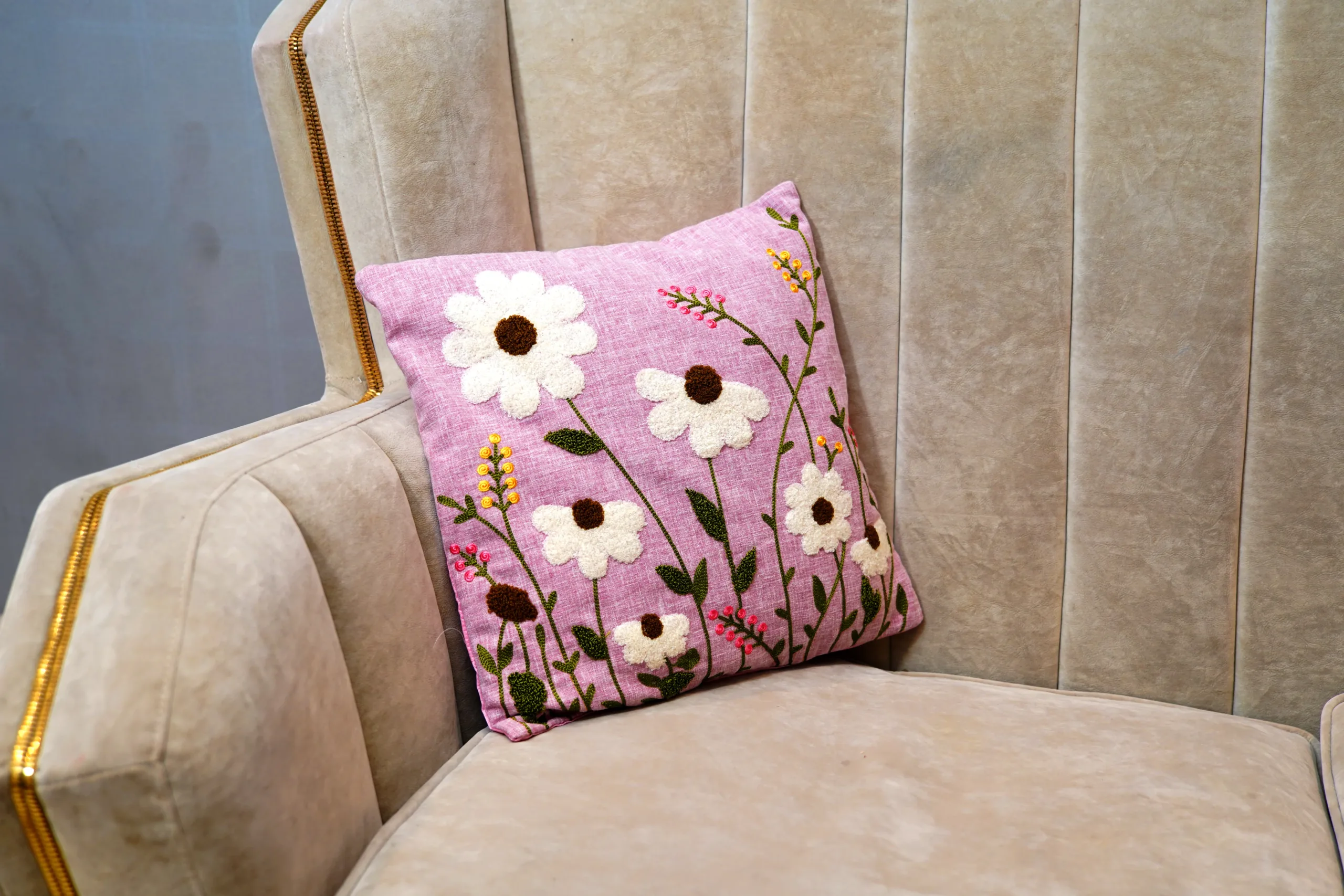 Pink Velvet – Flower Embroidered Cushion Cover (3)